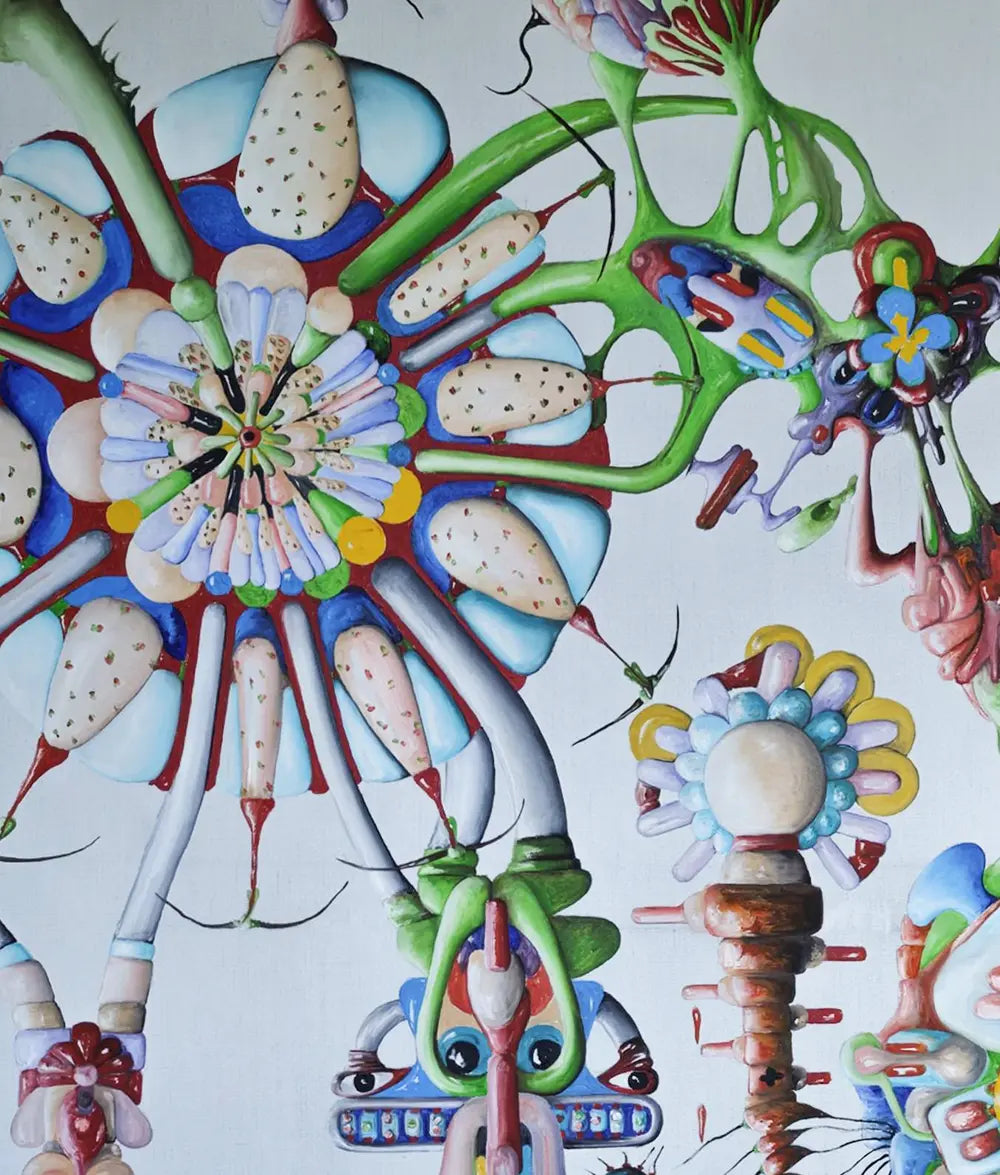 Detailaufnahme Die Blumen des Bösen – Zahnradartige Gelenke und mikroskopische Fabelwesen, maskenhafte Formationen, Türkis und Violett, Dieter Roth | Kunst-Direkt.de
