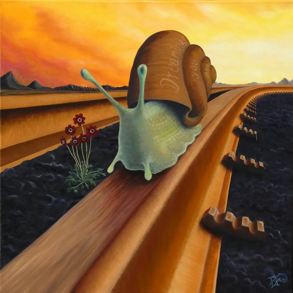 Die Schokoladenblume – Ölgemälde von Julia Eckler, 70x70 cm, Schnecke auf Schokoladenschienen, surrealistisch | Kunst-Direkt.de
