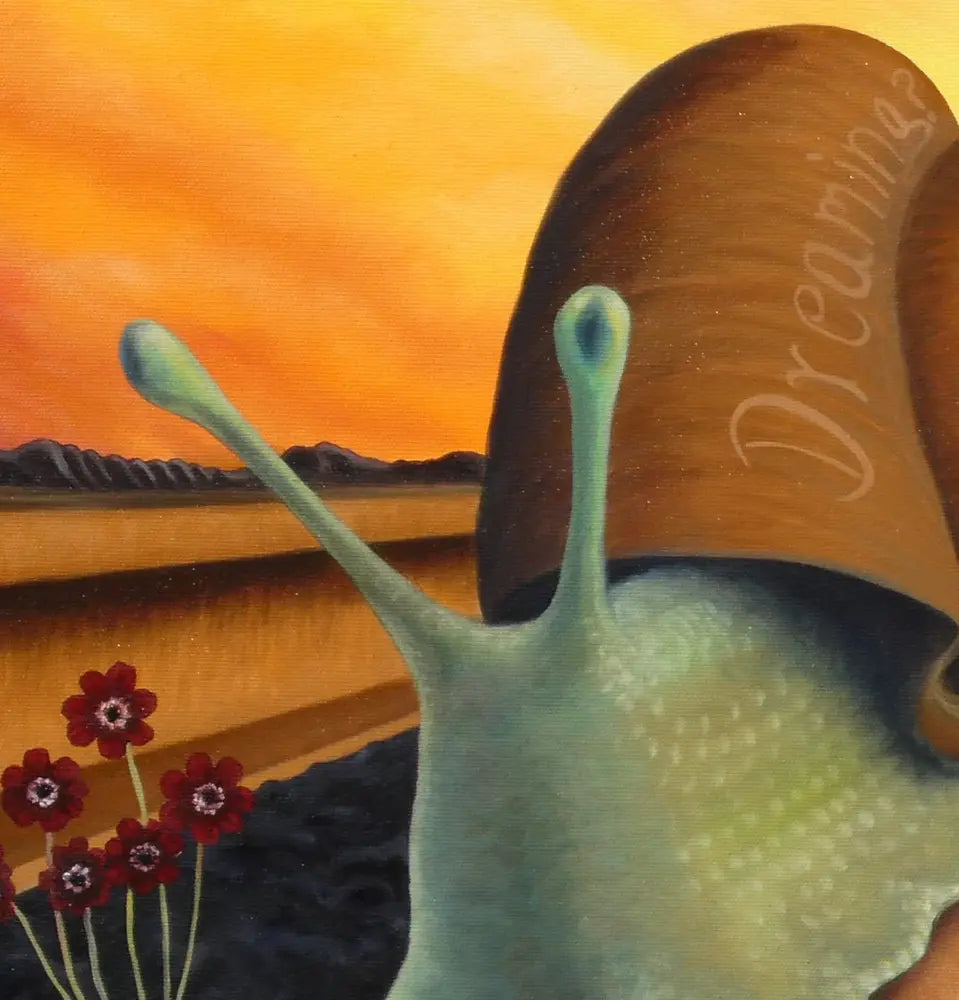 Detailaufnahme Die Schokoladenblume – Schnecke mit Aufschrift "Are you Dreaming?", Schokoladenschwellen, Julia Eckler | Kunst-Direkt.de
