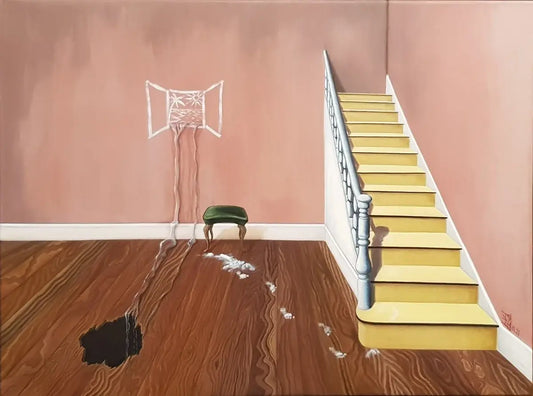 Die fehlende Tür, Gemälde 80 x 60 cm, eine Treppe führt nach oben gegen eine Wand, julia  Eckler, Kunst-Direkt.de
