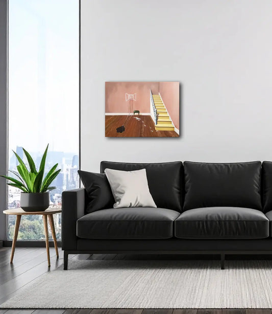 Die fehlende Tür, Gemälde 80 x 60 cm, eine Treppe führt nach oben gegen eine Wand, Detailansicht, an wand hängend, julia  Eckler, Kunst-Direkt.de