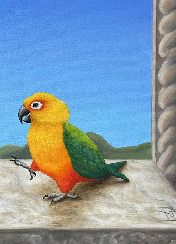 Detailaufnahme Es ist nicht nur ein Schal – Farbenprächtige Federkleid des Sonnensittichs, Julia Eckler | Kunst-Direkt.de
