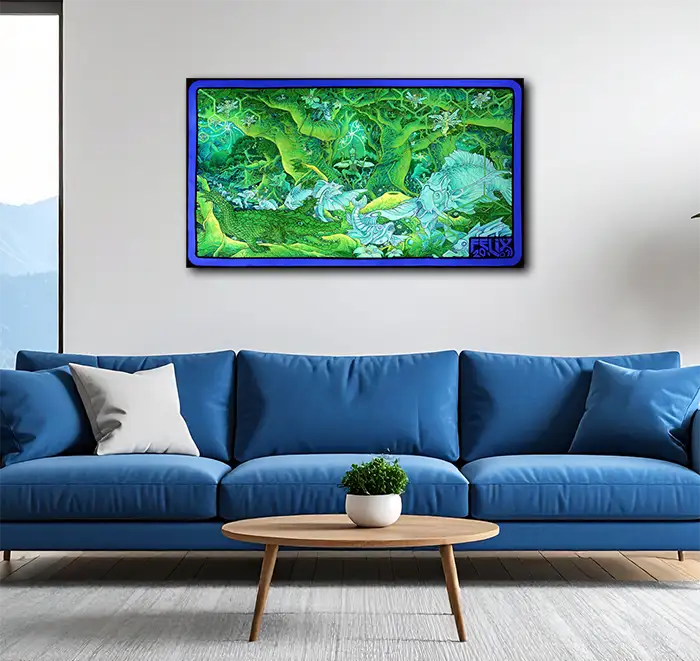 Fineart Print,  Abstraktes Kunstwerk, neonfarbene geometrische, an wand, 160 x 90 cm, Felix Stöver, Kunst-Direkt.de