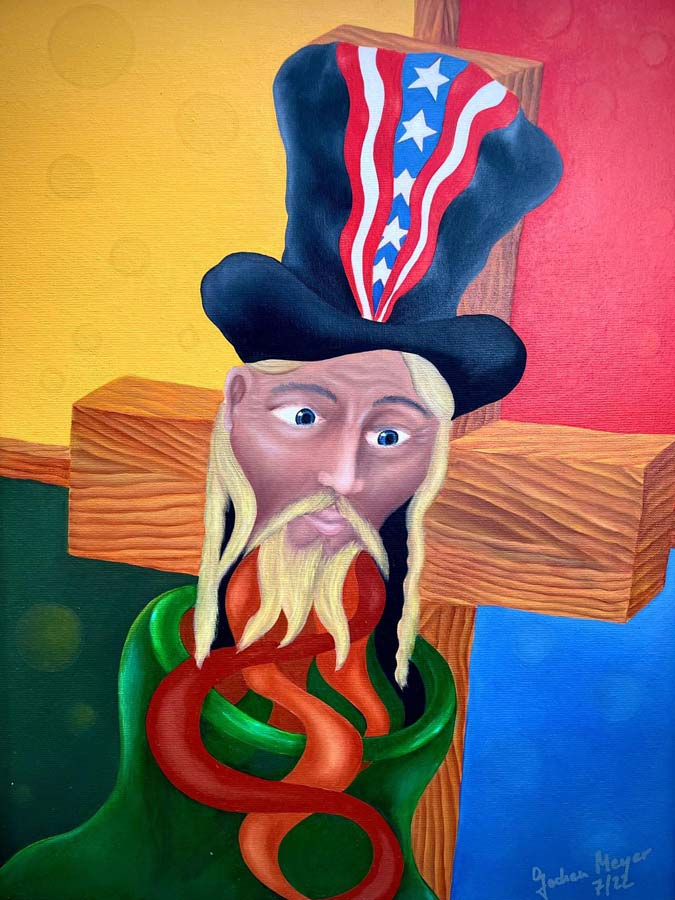 aus einem Flaschenhals aufsteigender bärtiger Mann mit Zylinder, Flaschengeist ist ein surreales Ölgemälde auf HDF Platte von Jochen Meyer, 47 x 37 cm, Kunst-Direkt.de
