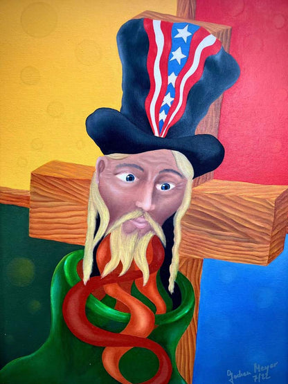 aus einem Flaschenhals aufsteigender bärtiger Mann mit Zylinder, Flaschengeist ist ein surreales Ölgemälde auf HDF Platte von Jochen Meyer, 47 x 37 cm, Kunst-Direkt.de
