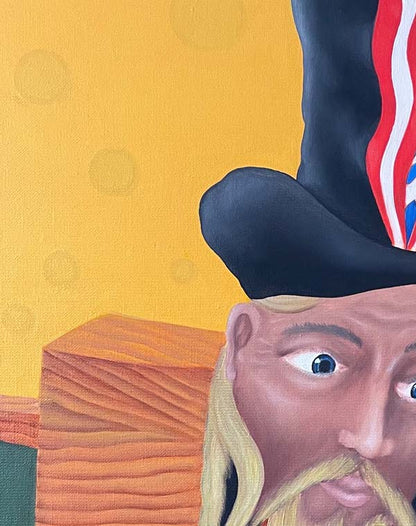 aus einem Flaschenhals aufsteigender bärtiger Mann mit Zylinder, Flaschengeist ist ein surreales Ölgemälde auf HDF Platte von Jochen Meyer, 47 x 37 cm, Kunst-Direkt.de, details struktur