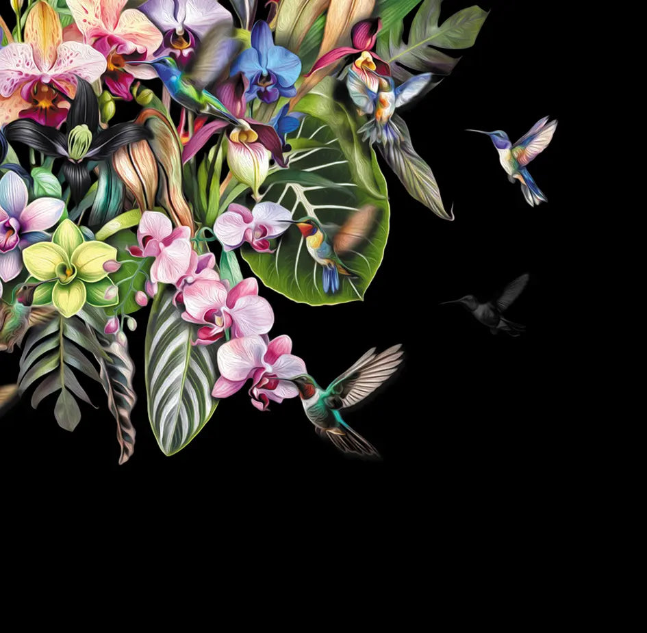 Detailaufnahme Fleischfressende Pflanze – Schillernde Kolibris im explosiven Orchideenbouquet, Gero Paul | Kunst-Direkt.de
