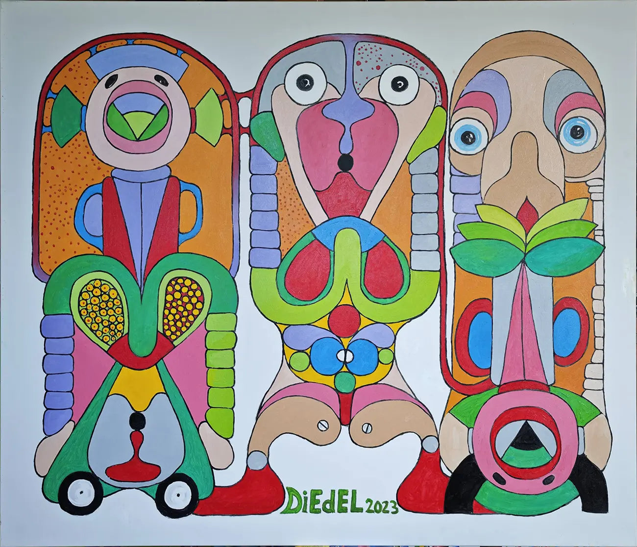 Genesung – Ölgemälde von Dieter Roth, 120x140 cm, drei Totemfiguren in Smaragdgrün und Orange, expressiver Surrealismus, Unikat 2023 | Kunst-Direkt.de
