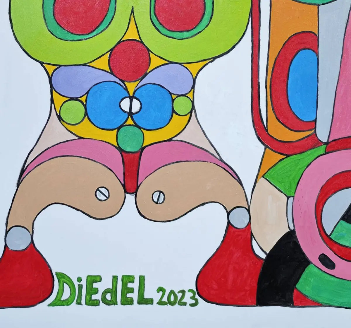 Detailaufnahme Genesung – Weit geöffnete Augen der Totemfiguren, florale und zelluläre Muster, schwarze Konturlinien, Dieter Roth | Kunst-Direkt.de
