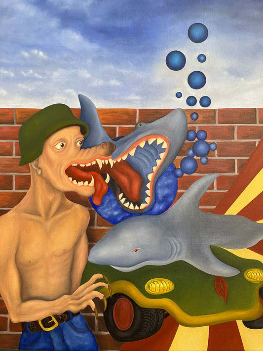 Ölgemälde auf HDF Platte, Haimann, Mann mit Hundkopf, 2 Haie, Surreale Kunst von Jochen Meyer, 57 x 47 cm, Kunst-Direkt.de