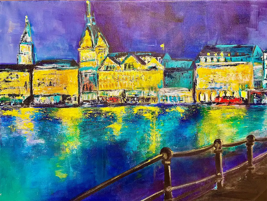 Expressives Hamburg Gemälde der Binnenalster bei Nacht von Künstlerin Dea: Leuchtende Stadtlichter spiegeln sich im blauen Wasser, 50x70 cm Acryl auf Leinwand.