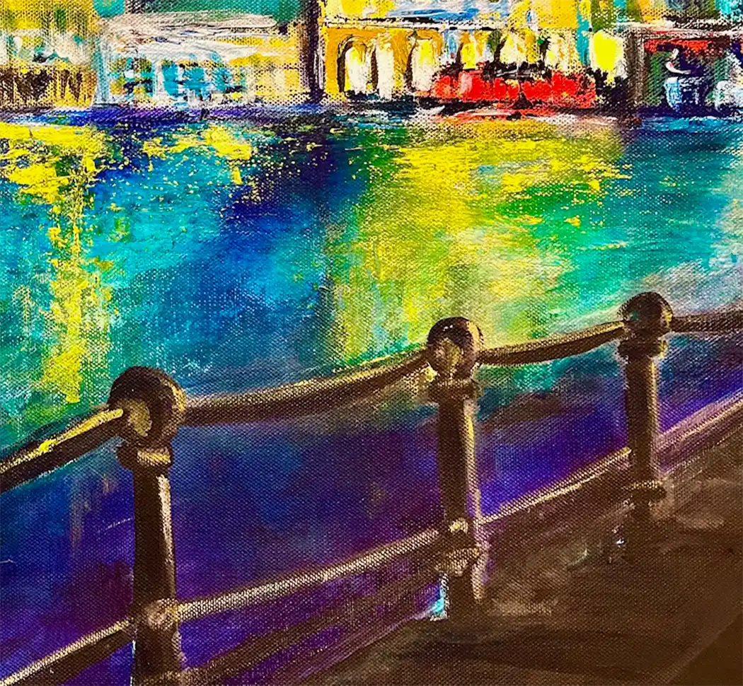 Expressives Hamburg Gemälde der Binnenalster bei Nacht von Künstlerin Dea: Leuchtende Stadtlichter spiegeln sich im blauen Wasser, 50x70 cm Acryl auf Leinwand. Detail alster