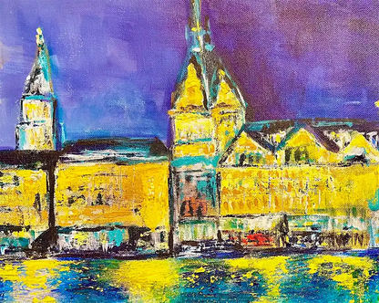Expressives Hamburg Gemälde der Binnenalster bei Nacht von Künstlerin Dea: Leuchtende Stadtlichter spiegeln sich im blauen Wasser, 50x70 cm Acryl auf Leinwand. details gebäude