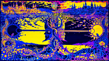 fineart Print,  Farben violett, gelb und blau, eine Figur mit 2 Köpfen in der Mitte, eine Stadtlandschaft, psychodelisch, 160 x 90 cm, felix Stöver, Kunst-Direkt.de