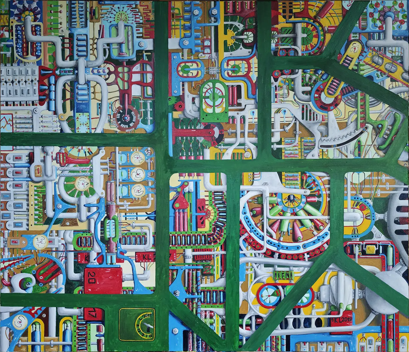 KI – Die Hardware – Ölgemälde von Dieter Roth, 120x140 cm, technischer Surrealismus, Schaltkreis in Matrix-Grün und Signalrot | Kunst-Direkt.de
