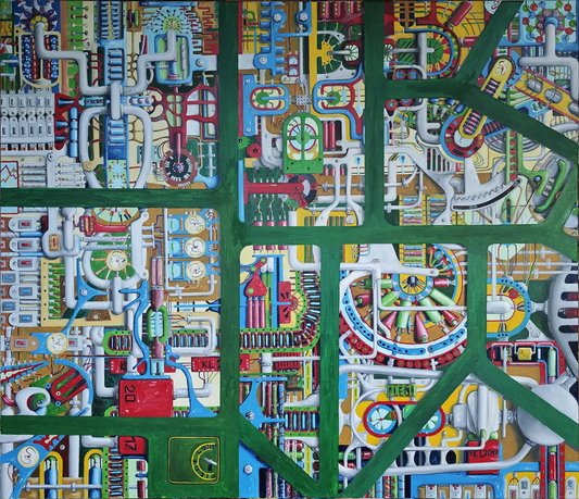 KI – Die Hardware – Ölgemälde von Dieter Roth, 120x140 cm, technischer Surrealismus, Schaltkreis in Matrix-Grün und Signalrot | Kunst-Direkt.de
