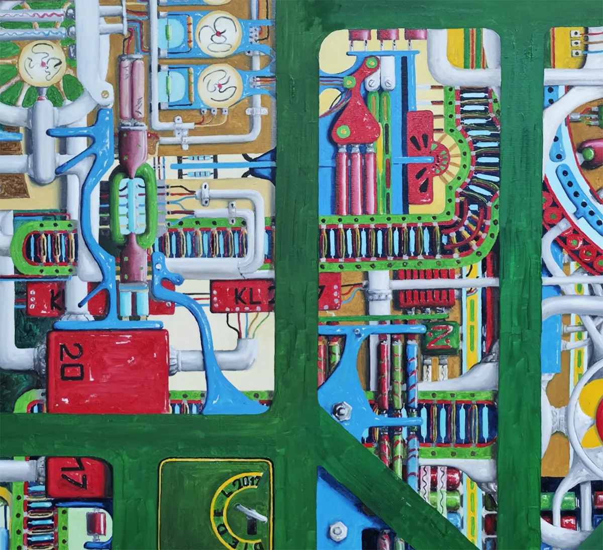 Detailaufnahme KI – Die Hardware – Sattgrünes Liniennetz als Platinen-Metapher, Relais und Kondensatoren, Dreidimensionalität, Dieter Roth | Kunst-Direkt.de
