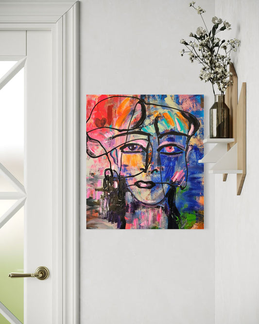 Kopf in Bunt, Acrylgemälde auf Leinwand im häuslichen Ambiente, 70x80cm, kunst-direkt.de