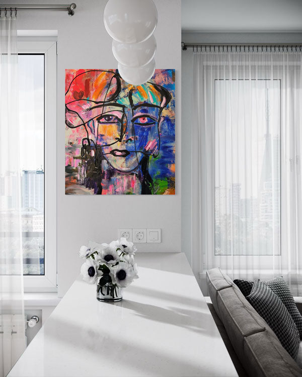 Kopf in Bunt 70x80cm, Acrylgemälde auf Leinwand im häuslichen Ambiente, 70x80cm, kunst-direkt.de
