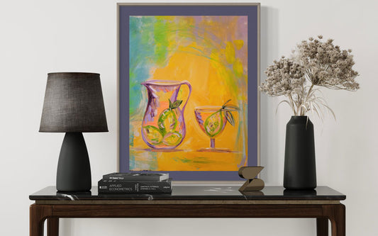Das abstrakte Acrylgemälde "Krug mit Zitronen" der Künstlerin Annette Murphy in häuslichem Ambiente, Kunst-Direkt.de