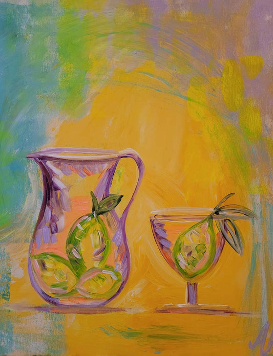 Krug mit Zitronen ist ein abstraktes Acrylgemälde von der Künstlerin Annette Murphy, farbenfroh, Kunst-Direkt.de