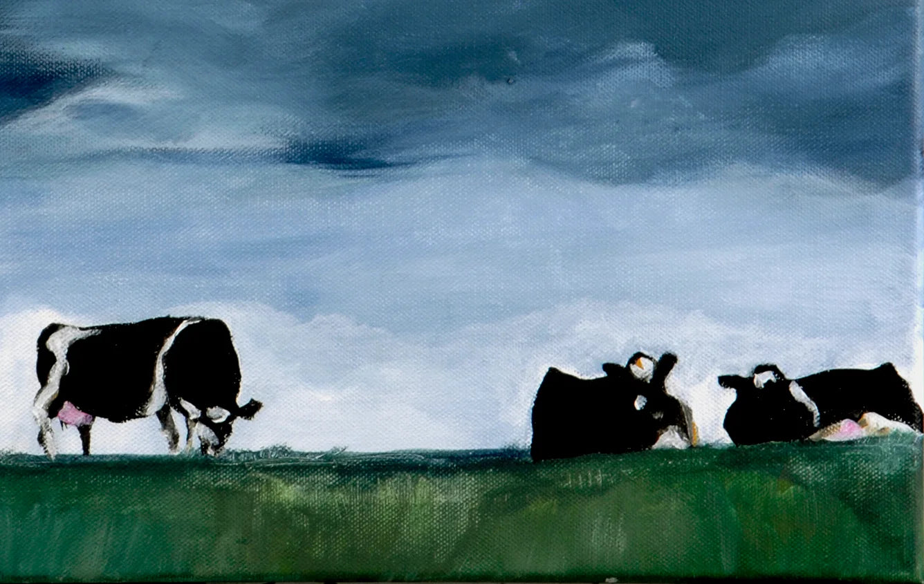Detailaufnahme Kühe am Deich – Dramatischer Wolkenhimmel, kraftvolle dunkle Pinselstriche, norddeutsche Weite, Christel Keller | Kunst-Direkt.de
