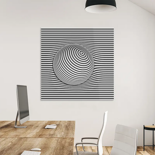 Gestreifte Kugel auf Hintergrund mit horizontalen streifen, Kugel verformt den Hintergrund, an heller Wand mit Tisch hängend