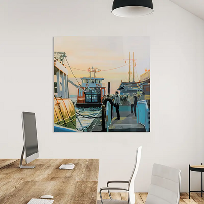 Finreart Print, eine hafenfähre an den Landungsbrücken in hamburg, Menschen die Ein- und Aussteigen, verschiede Audführunge, Ulla Kutter, Kunst-Direkt.de, an wand hängend