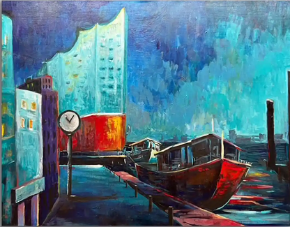 Modernes Hamburg Gemälde der Landungsbrücken mit Elbphilharmonie und Barkasse von Künstlerin Dea, 60x80 cm in silberner Schattenfuge. Kunst-Direkt.de