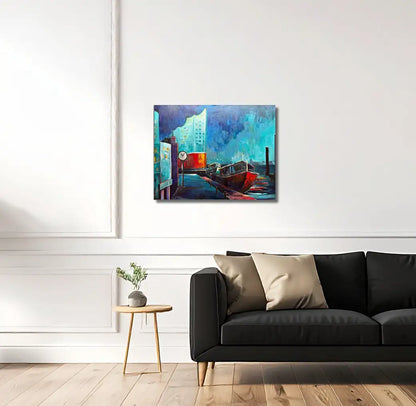 Modernes Hamburg Gemälde der Landungsbrücken mit Elbphilharmonie und Barkasse von Künstlerin Dea, 60x80 cm in silberner Schattenfuge. an wand hängend. Kunst-Direkt.de