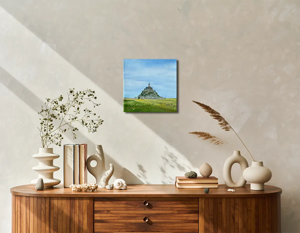 Miniaturbild Le Mont-Saint-Michel, Ölgemälde 15 x 15 cm, blauer Himmel, der Berg, grüne Wiese bei Ebbe, an wand hängend,  Gerd Pfanstiel. Kunst-Direkt.de