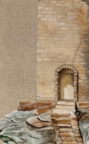Detailaufnahme des Acrylgemäldes auf Leinwand "Leuchtturm Tourlitis" der Künstlerin Sara Durchmesser 