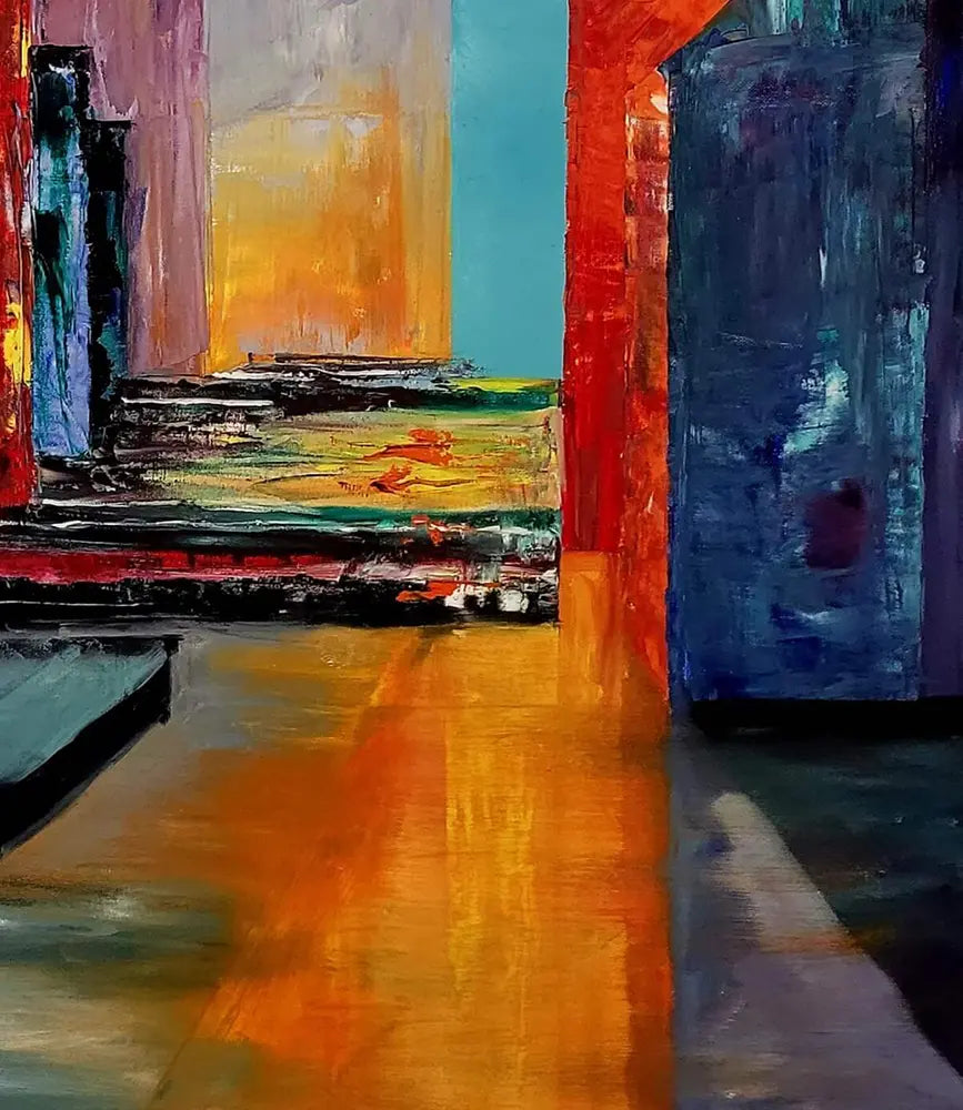 Detailaufnahme Licht des Nordens – Glühendes Orange trifft kühles Türkis, architektonische Kuben, Roger Ziereisen | Kunst-Direkt.de