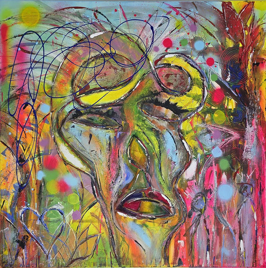 Original Acrylgemälde Magical Change von Elena Grumann – Expressive abstrakte Porträtkunst im Quadratformat 100x100 cm, Kunst-Direkt.de / Newart.gallery