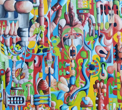 Detailaufnahme Medina – Maskenhafte Gesichter und Säulenstrukturen, gelbe Lichtachsen, vibrierende Farbschichtung, Dieter Roth | Kunst-Direkt.de
