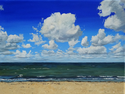 Meer mit Wolken – Acrylgemälde von Britta Kröger, 30x40 cm, maritimes Seestück, Sommerhimmel mit Schönwetterwolken in Kobaltblau und Weiß | Kunst-Direkt.de
