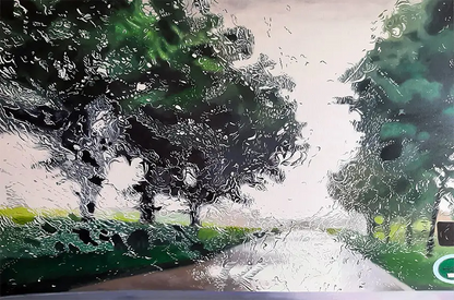 Ölgemälde, Querformat, eine Baumallee aus einem Auto gesehen im Regen, Tropfen sind auf der Scheibe, 120 x 80 cm, Ulla Kutter, Kunst-direkt.de