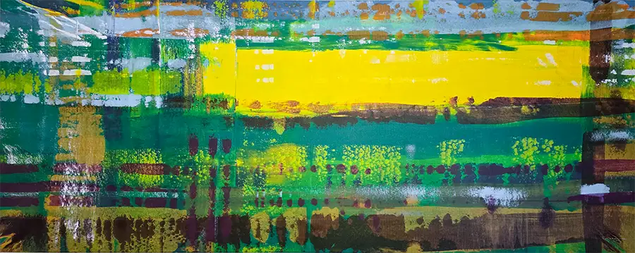 Großformatiges abstraktes Acrylgemälde von Mareike Prikling im Panorama-Format, 250x100 cm, Kunst-Direkt.de