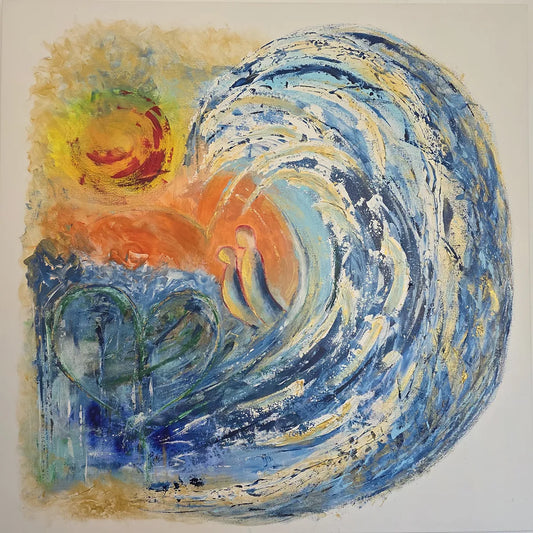 Original Acrylgemälde Mother's Love von Elena Grumann – Abstrahierte Mutter-Kind-Figuren umhüllt von einer Welle im Quadratformat 100x100 cm, Kunst-Direkt.de / Newart.gallery