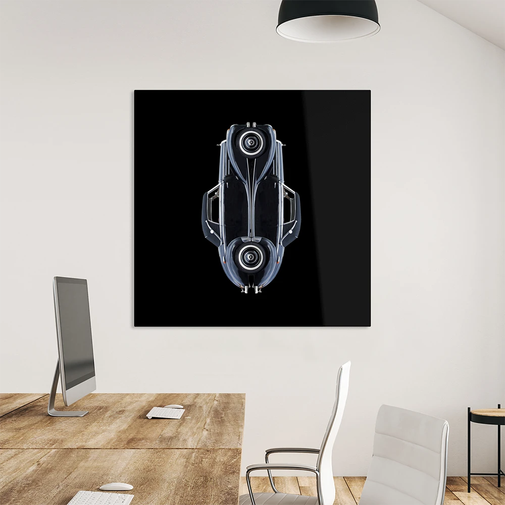ein schwarzes, Mercedes Cabriolet, oldtimer, schwarzer Hintergrund, verchromte Linien, quadratisch, im Büro hängend