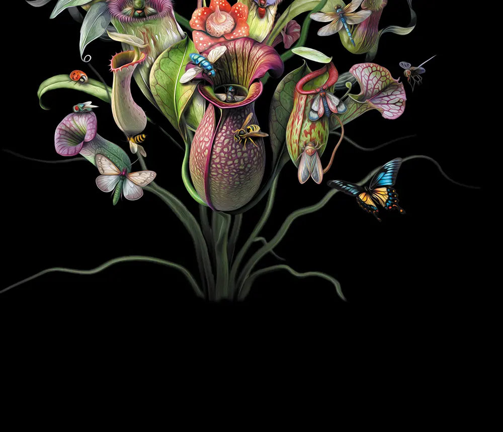 Detailaufnahme Orchideen – Schillernde Schmetterlinge und Käfer an Kannenpflanzen, mikroskopische Präzision, Gero Paul | Kunst-Direkt.de
