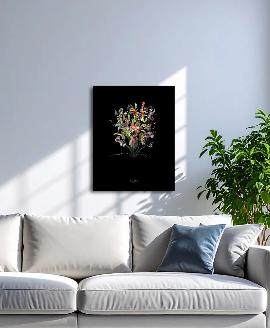 Orchideen von Gero Paul an der Wand – Botanischer Fineart Print, 70x90 cm, Alu-Dibond, Dark Nature | Kunst-Direkt.de
