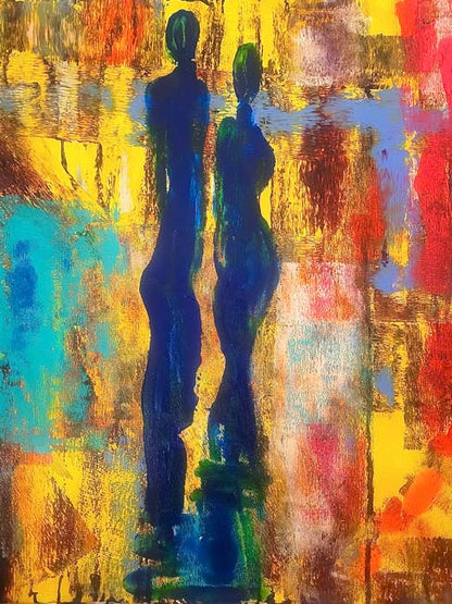abstrakte Darstellung von zwei Personen in der Bildmitte,  Acrylgemälde auf Leinwand von Annette Murphy, 80x80cmm, kunst-direkt.de
