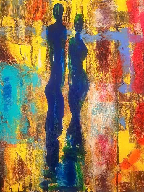 abstrakte Darstellung von zwei Personen in der Bildmitte,  Acrylgemälde auf Leinwand von Annette Murphy, 80x80cmm, kunst-direkt.de
