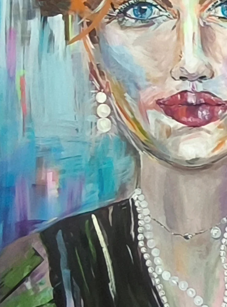 Perly, Acrylgemälde, 150 x 120 cm, Maren Lüke-Amato, Detail farben, Portrait einer Frau, Kunst-Direkt.de