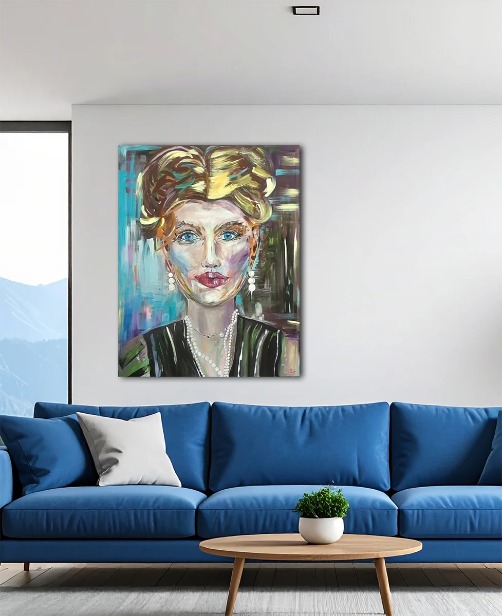 Perly, Acrylgemälde, 150 x 120 cm, Maren Lüke-Amato, an wand hängend, Portrait einer Frau, Kunst-Direkt.de