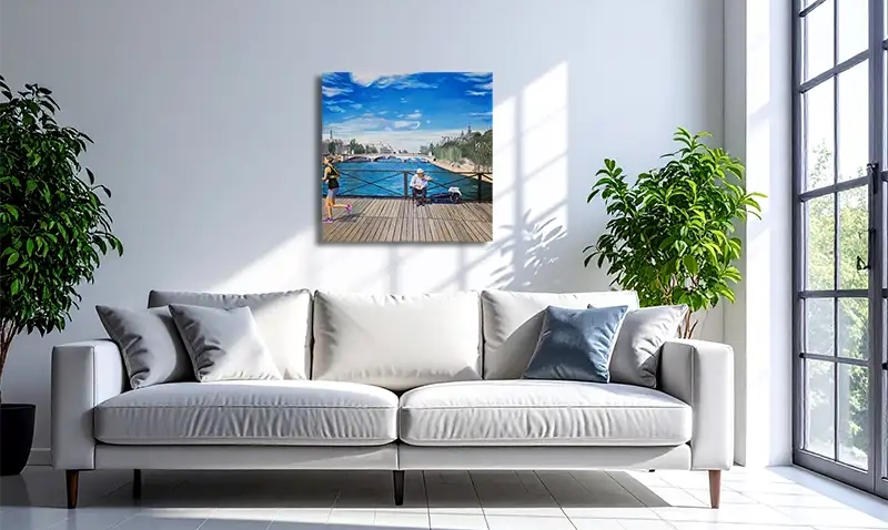 arcylgemälde im Wohnraum hängend, Brücke Pont de arts in Paris, 100 x 100 cm, Ulla Kutter, Kunst-Direkt.de