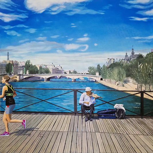 Ein realistisches Ölgemälde der Pont de art in Paris über die Seine, ein Musiker macht Musik, eine Läuferin überquert die Brücke, 100 x 100 cm, Ulla Kutter, Kunst-Direkt.de
