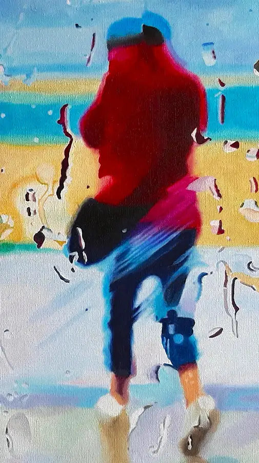 Ölgemälde, Querformat, Strand im Regen mit Tropfen auf einer Scheibe, eine Person mit roter Jacke ist zu sehen, Detail der roten Jacke, 70 x 50 cm, Ulla Kutter, Kunst-Direkt.de
