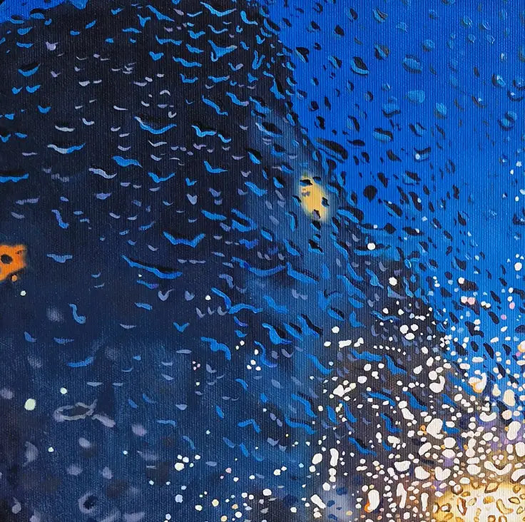 ölgemälde, quadratisch, Blick durch eine regennasse Scheibe auf ein Gebäude, Nachtstimmung, Reflexionen von Lampen, Details der Tropfen, 50 x 50 cm, Ulla Kutter, Kunst-Direkt.de